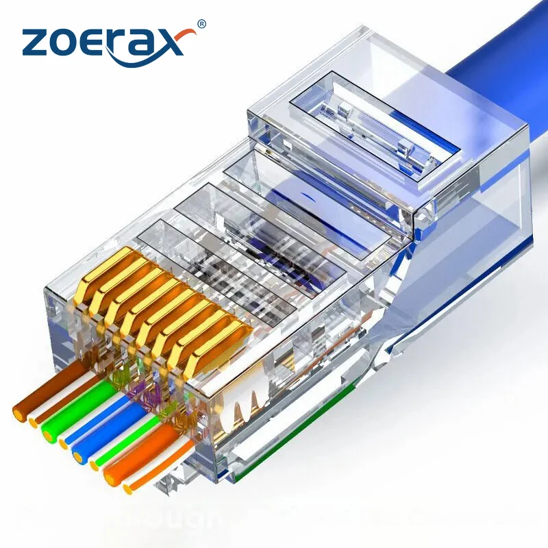 ZOERAX 50/100 قطعة RJ45 تمرير من خلال موصل 23AWG Cat6 Cat5e RJ45 مقابس معيارية مطلية بالذهب 8P8C RJ45 ينتهي