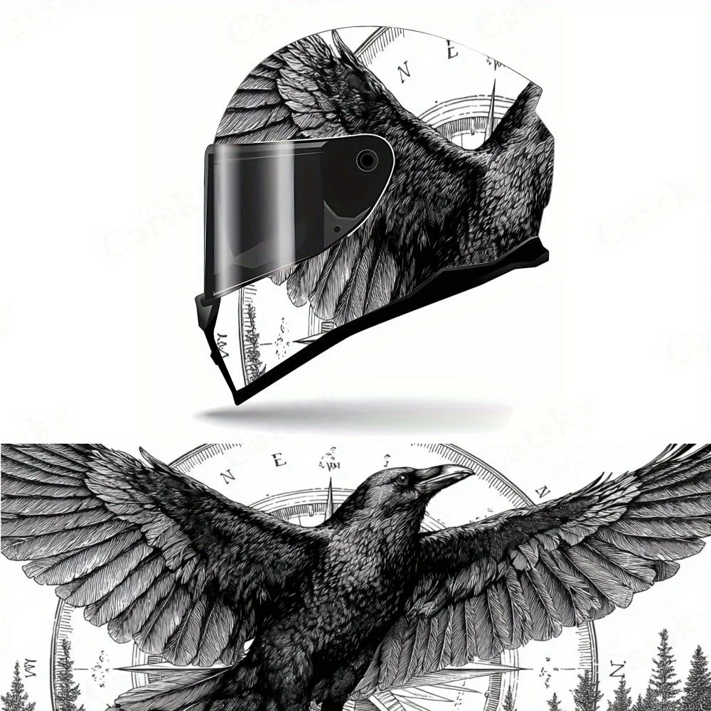 Compass Raven Helmet Vinyl Wraps, Waterproof Scratch-Resistant Full Face Helmet Decals, Durable PVC Artistic Design, Instant Hel