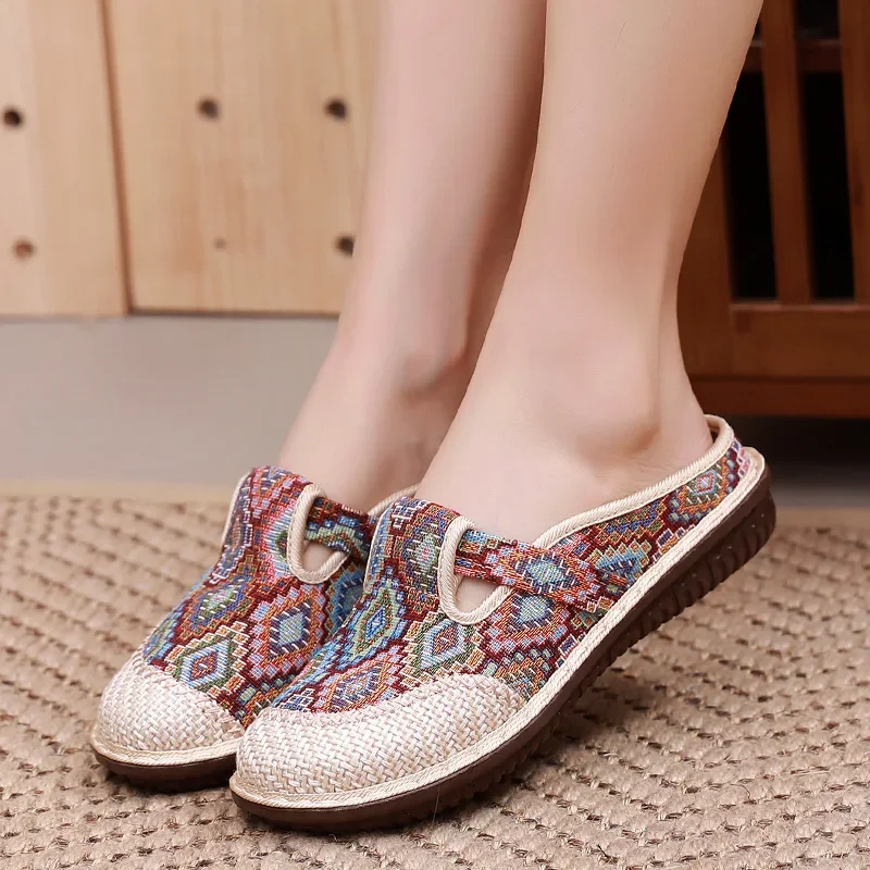 Zapatos de tela antideslizantes para mujer, sandalias y zapatillas de lino transpirables de verano, prendas de vestir exteriores para mujer,