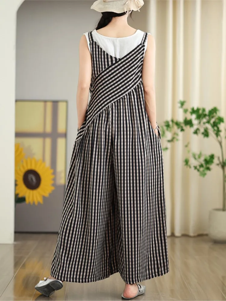 Oversized Summer Plaid Print Jumpsuit Women Wide Leg Loose Pleated Fashion Ladies Jumpsuits V-Neck Sleeveless Woman Jumpsuits