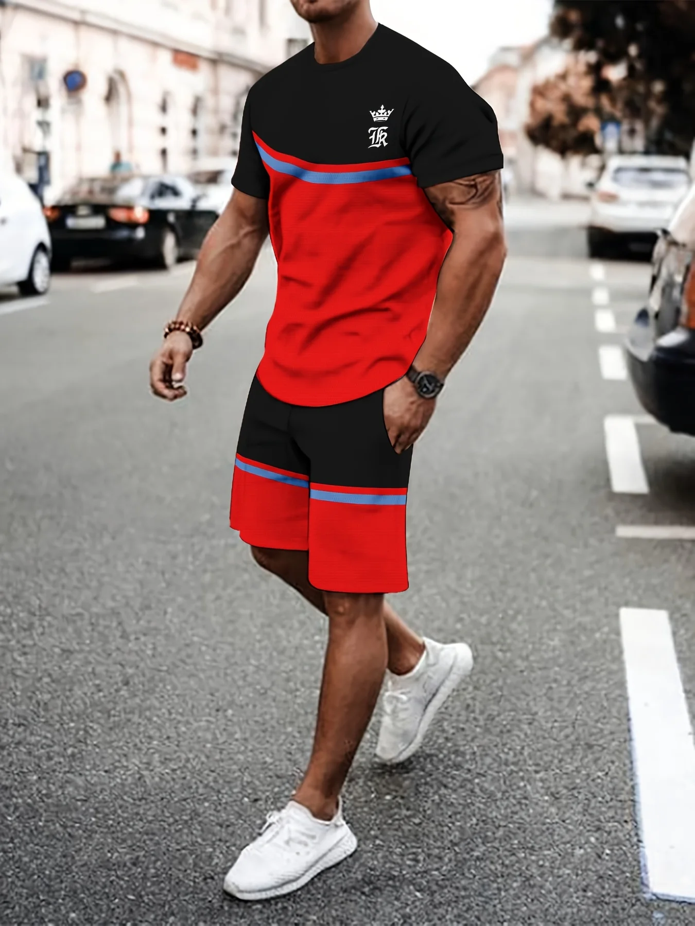 Leisure Sports Set, Breathable Outdoor Casual Men's T-shirt, Cropped Pants Set, Summer 3D Printing Set, Men's Adult Set