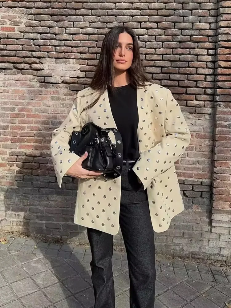 

HH Women's 2025 New Temperature Rivet Decorative Casual Suit Jacket Female V-neck No-button Sequin Suit Long Sleeve Jacket