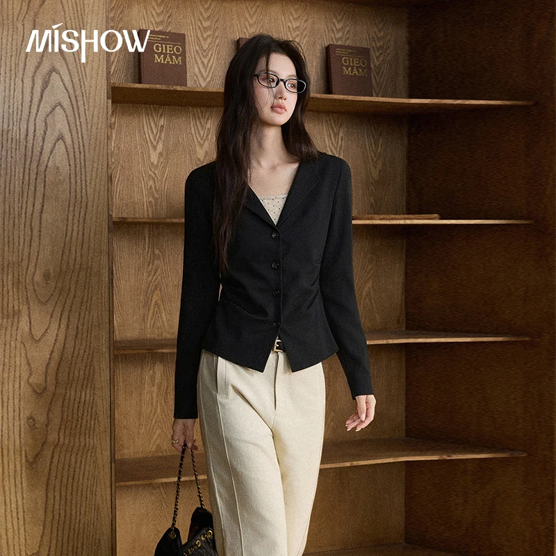 MISHOW Women's Two Piece Set Polka Dot Cami Top Lapel Ruched Cardigan 2026 Autumn Petite Daily Commuter Cozy Outfits MXF48T3347