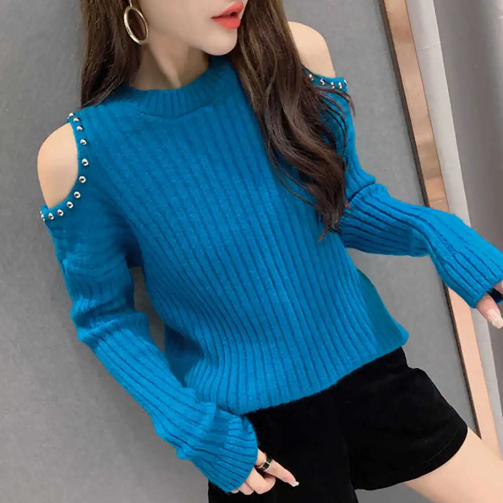 Beading Female Pullover Off Shoulder Knitted Sweaters for Women Round O Neck Green Clothing Sales Smooth Harajuku Korean Fashion