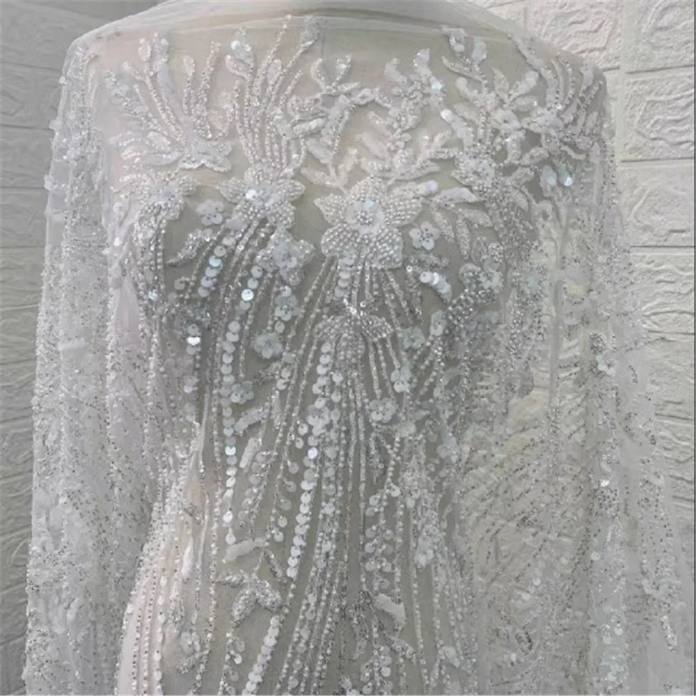 Beading 3D Sequins Flower Off White And Silvery Tulle Embroidered Lace Fabric Wedding Dress Fabric 2022 NEW