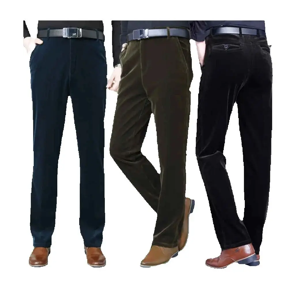 남성용 하이웨이스트 코듀로이 팬츠 가을 겨울 비즈니스 플란넬 바지 신축성 있는 허리 편안한 착용감 플란넬 바지