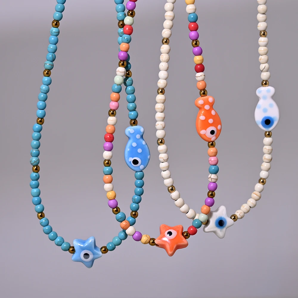 Ceramic Fish Necklace for Women Artificial Turquoise Beads Star Devil\'s Eye Choker Necklace Fashion Daily Wear Jewelry