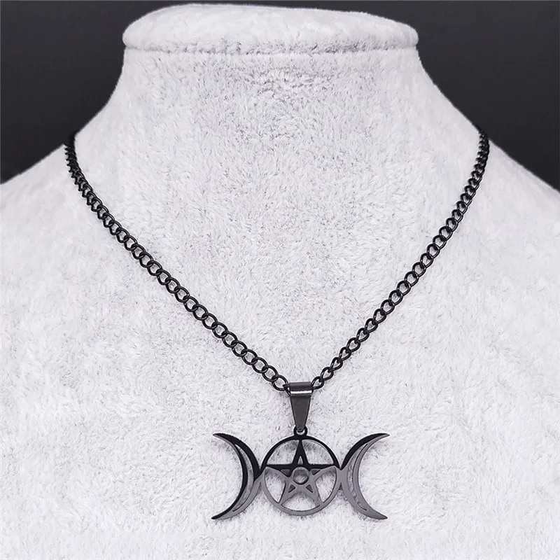 Witchcraft Triple Moon Goddess Stainless Steel Choker Necklace Women Black Color Necklaces Jewelry colgantes mujer N3873S03