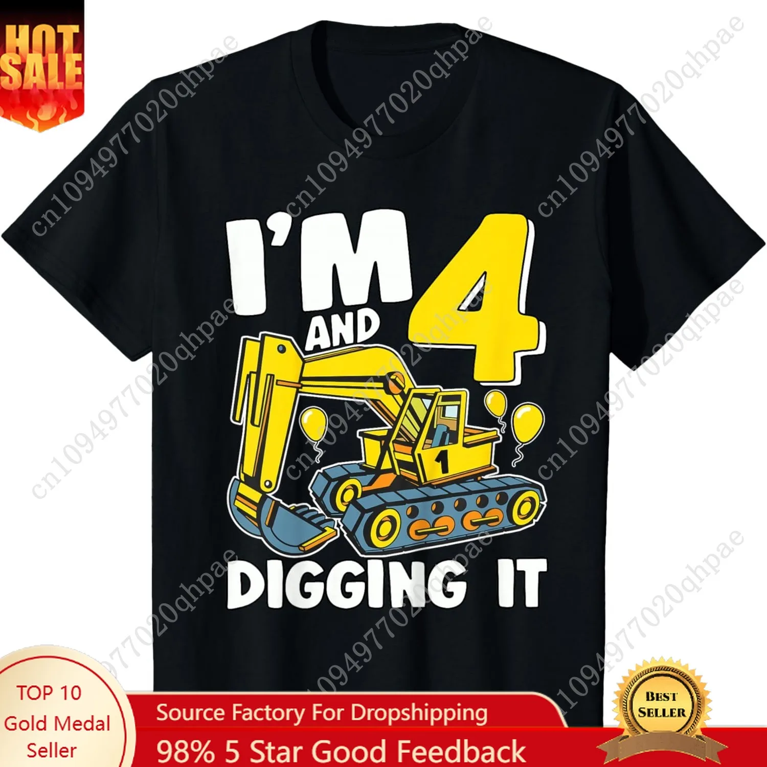 Kinder-T-Shirt „I'm 4 And Digging It“ für Jungen zum 4. Geburtstag, Bagger