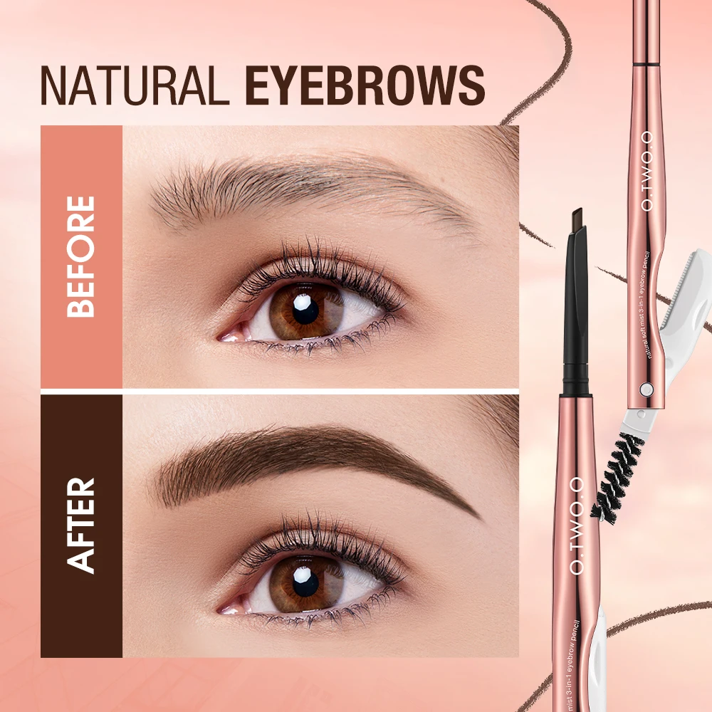 O.TWO.O Eyebrow Pencil 3 in 1 24 Hours Waterproof Long Lasting 4 Colors Brown with Eyebrow Trimmer Cosmetics Makeup Brow Pencil