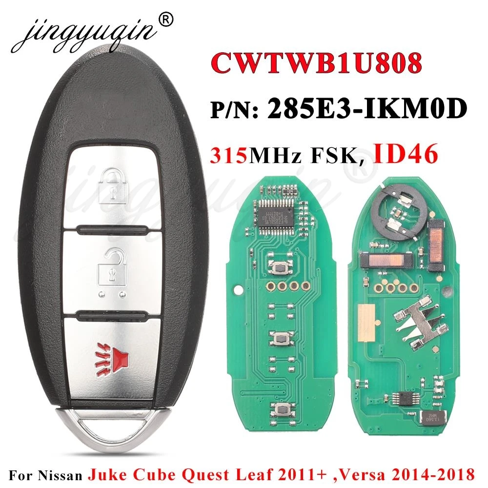 Jingyuqin CWTWB1U808 315Mhz ID46 PCF7952 zdalne sterowanie kluczykiem samochodowym do Versa Note kostka Juke Quest 2011-2017 285E3-IKM0D 3BTN