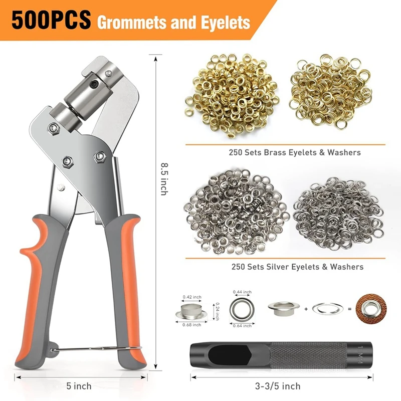 New Grommet Tool Kit, 3/8 Inch Eyelet Pliers Tool(10mm) for Tarps, Fabric & Leather, with Hole Punch and 500Pcs Eyelet