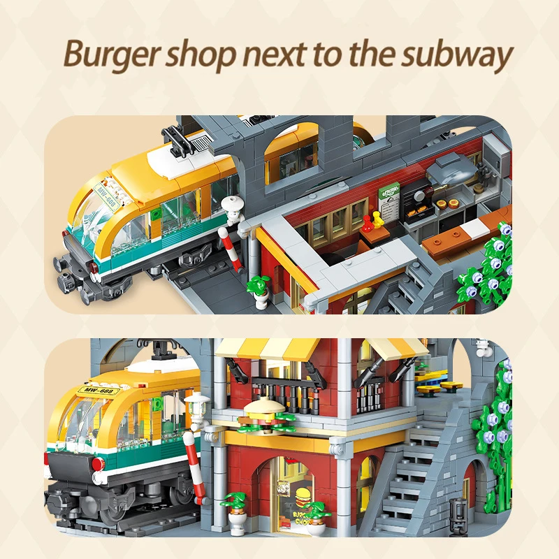 MOC モダン列車バーガーショップビルディングブロック 89128 食品店ハウスライト建築 DIY おもちゃ子供の誕生日プレゼント