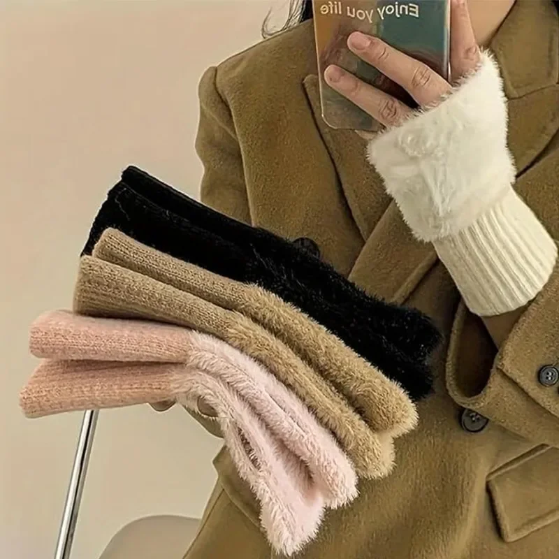 

Зимние перчатки с половиной пальца, женские теплые роскошные однотонные белые мягкие плюшевые вязаные перчатки без пальцев, морозостойкие варежки для письма