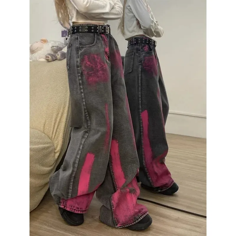 Deeptown Y2k Vintage Gothic Women Purple Jeans Oversized High Waist Wide Leg Denim Pants Hip Hop Streetwear Japanese 2000s Style