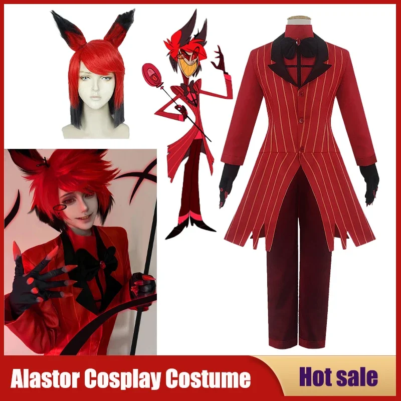 

Anime hazbin cosplay hotel Alastor uniform costume jacket pants shirt tie gloves wig full set carnival party red suit for adult