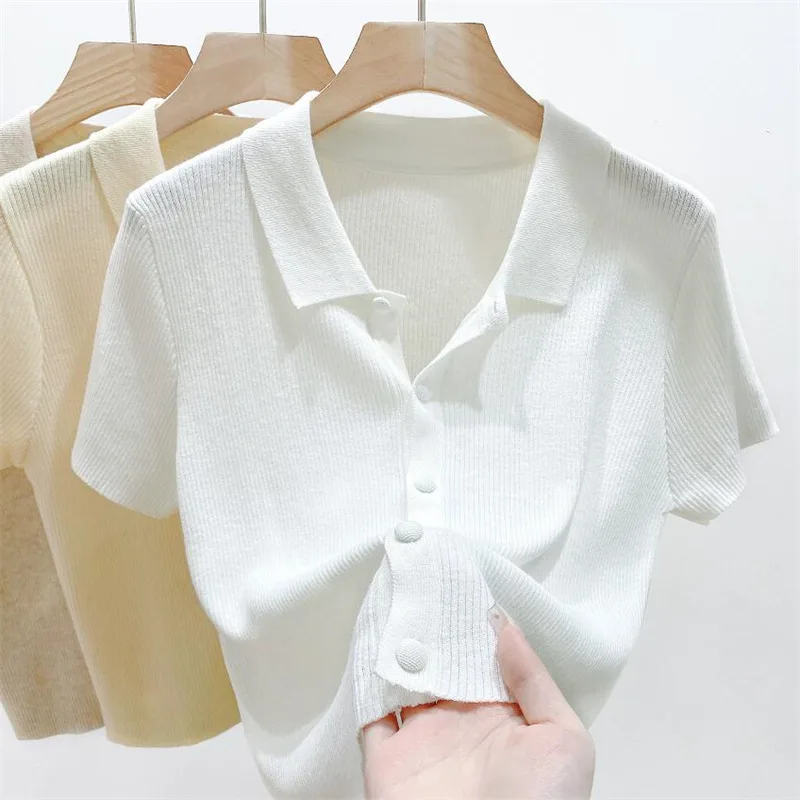 Korean Fashion 3 Colors Short-sleeve Shirts Women Leisure Summer Basic Solid Elegant Streetwear Daily All-match Simple Knit Tops