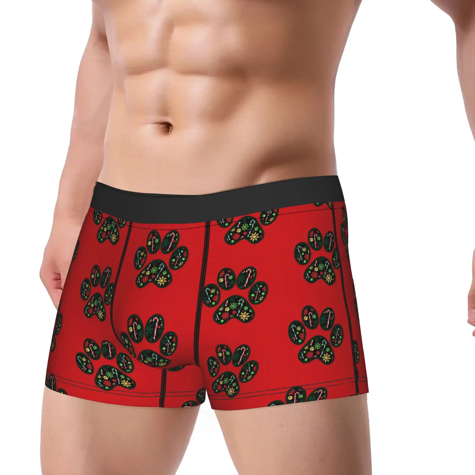 Men Red and Green Christmas Paw Print  Long Underwear  Novelty Boxer Briefs Shorts Panties Male Polyester Underpants Plus Size