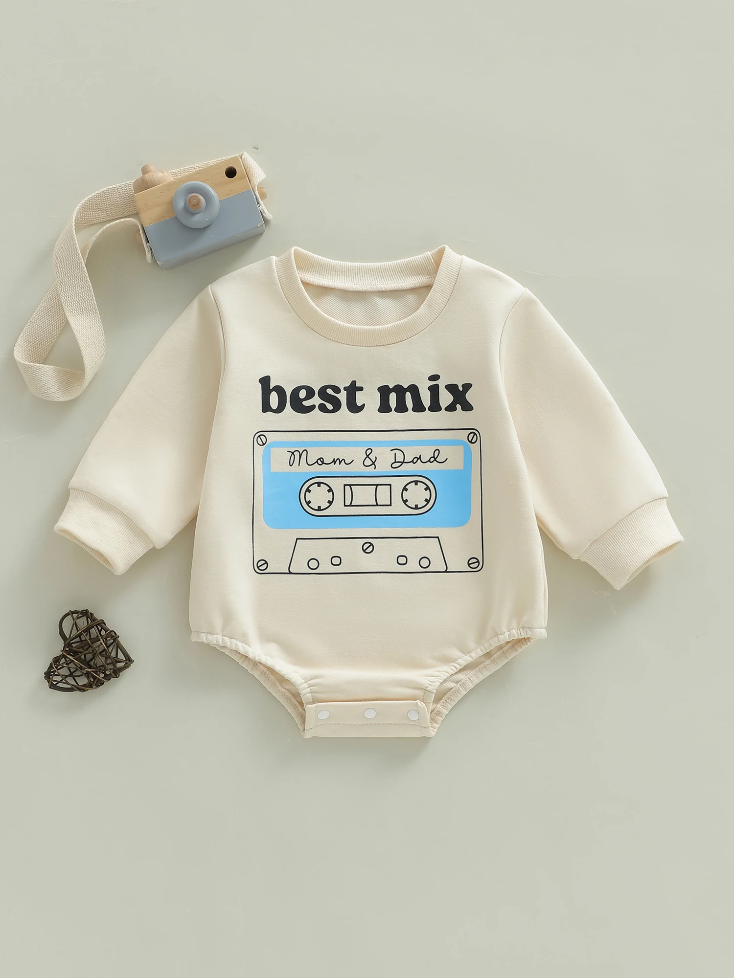 

Baby Boy Fall Bubble Romper Long Sleeve Round Neck Mix Cassette Tape Letter Print Jumpsuit