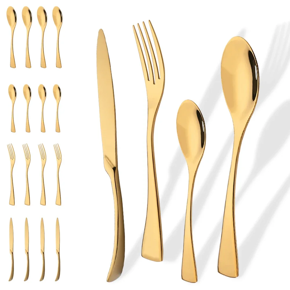 20Pcs Gold Dinnerware Set Stainless Steel Tableware Set Knife Fork Spoon Flatware Set Cutlery Set Knife Fork Spoon Tea Spoon