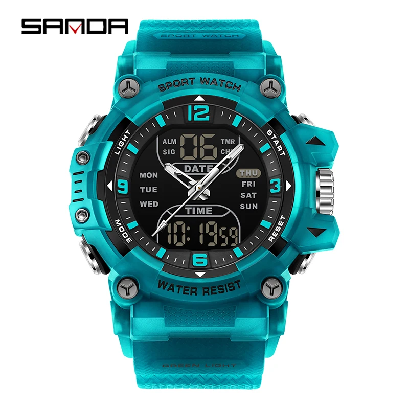 

SANDA 6323 Мужские электронные часы с двойным дисплеем, светящиеся водонепроницаемые студенческие часы для спорта на открытом воздухе, многофункциональные цифровые наручные часы