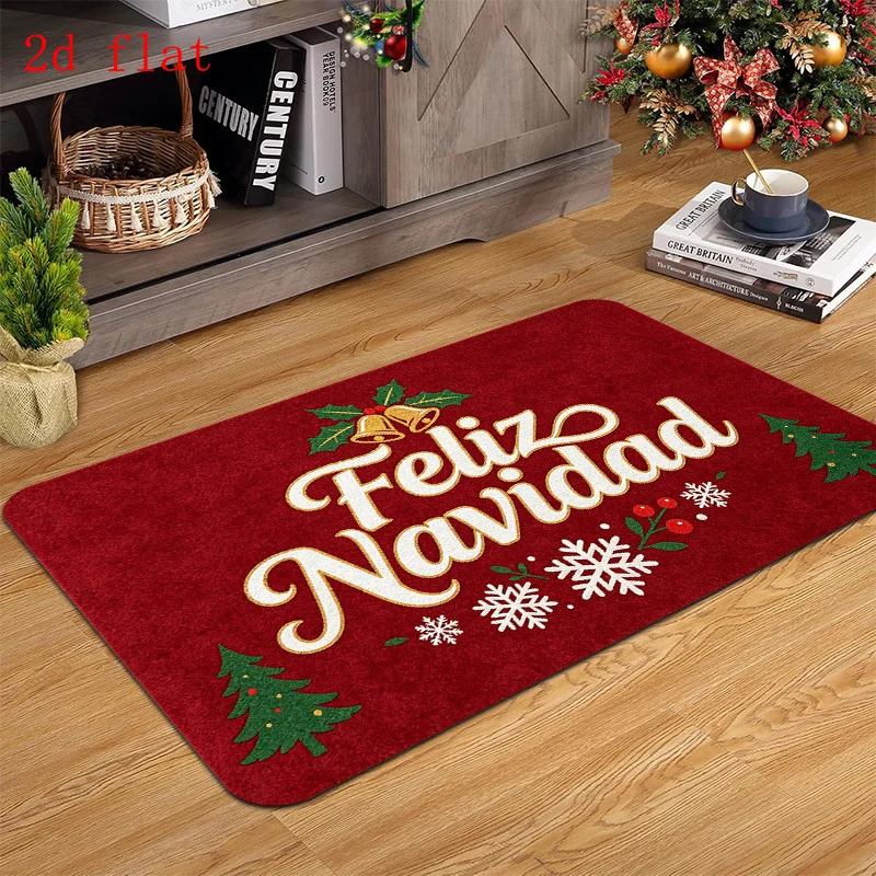 Feliz Navidad Christmas Shaped Rug Spanish Holiday Bell Snowflake Tree Print Non Slip Floor Mat  Entryway Front Door Home Accent