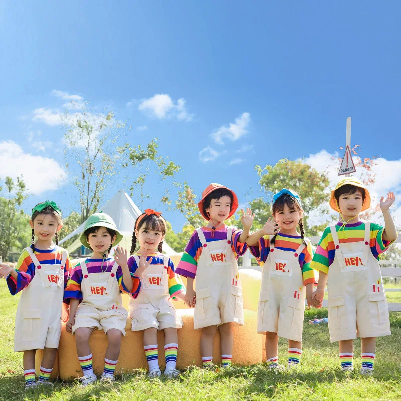 Children's performance costumes, kindergarten rainbow cute suspender pants, dance performance costumes, elementary school cheerl