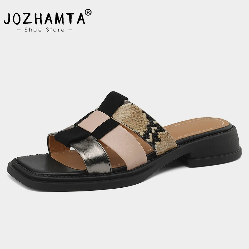 JOZHAMTA Size 33-40 Women Casual Beach Slides Slippers Real Leather Low Heels Summer Shoes Luxury Flat Mules Sandals Daily Dress