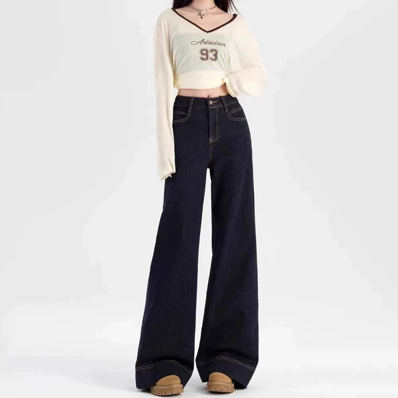 High Waist Loose Fit Fleece Lined Flare Denim Jeans Women's Autumn Winter New Style Blue Jeans Slimming Straight Leg Trousers