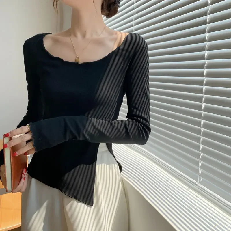 Asymmetrical T-shirts Women Inside All-match Long-sleeve Casual Side-slit Design Stylish Korean Style Female Tender Spring Cozy