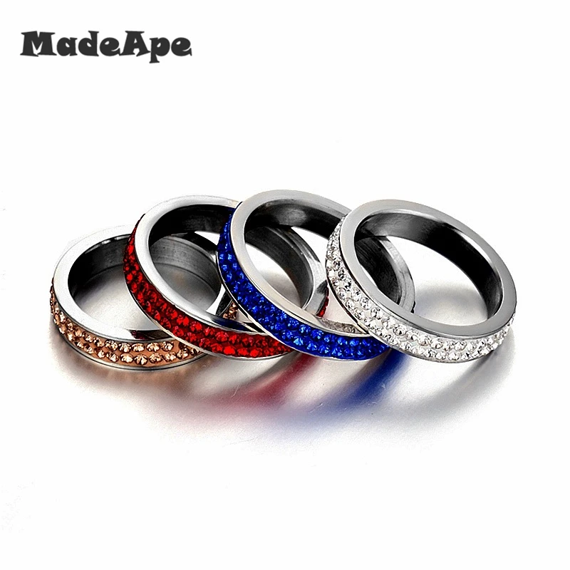 MadApe 3.5mm 2 Row CZ Zircon Wedding Ring Stainless Steel White Brown Blue Red Zircon Women Engagement Rings For Couple Jewelry