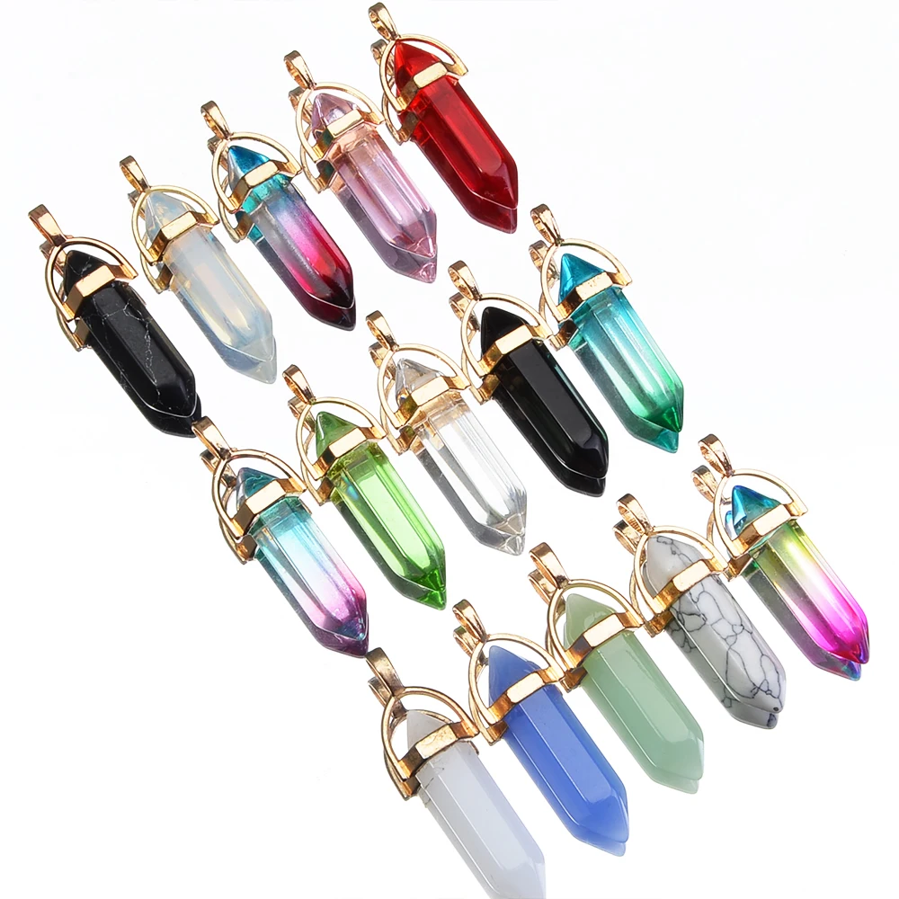 20PCS/set Random Fashion Hexagonal Column Pendants, Mixed Color Chakra Natural Stone Crystal Multi-color Pendant Necklace