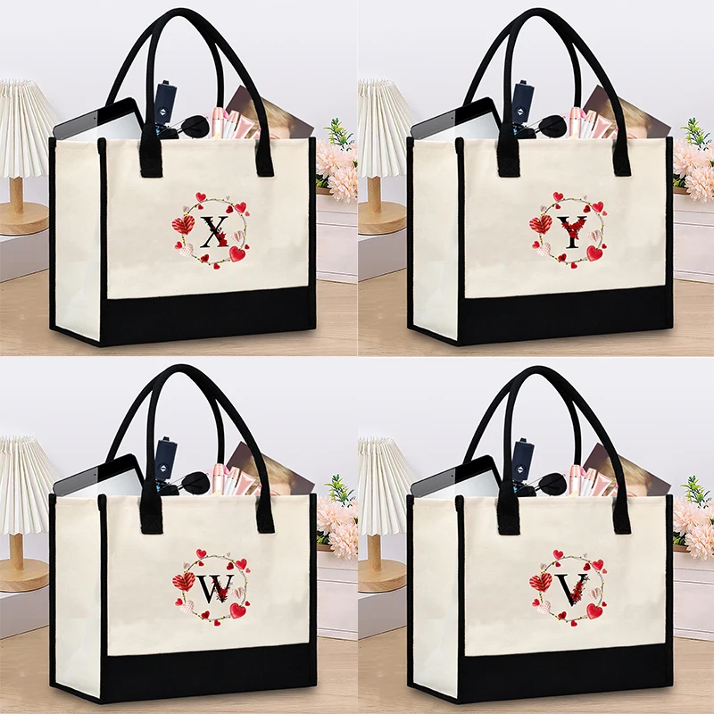 

Love red flower hot stamping letter printed women's handbag, with a large capacity waterproof leisure commuter bag inside