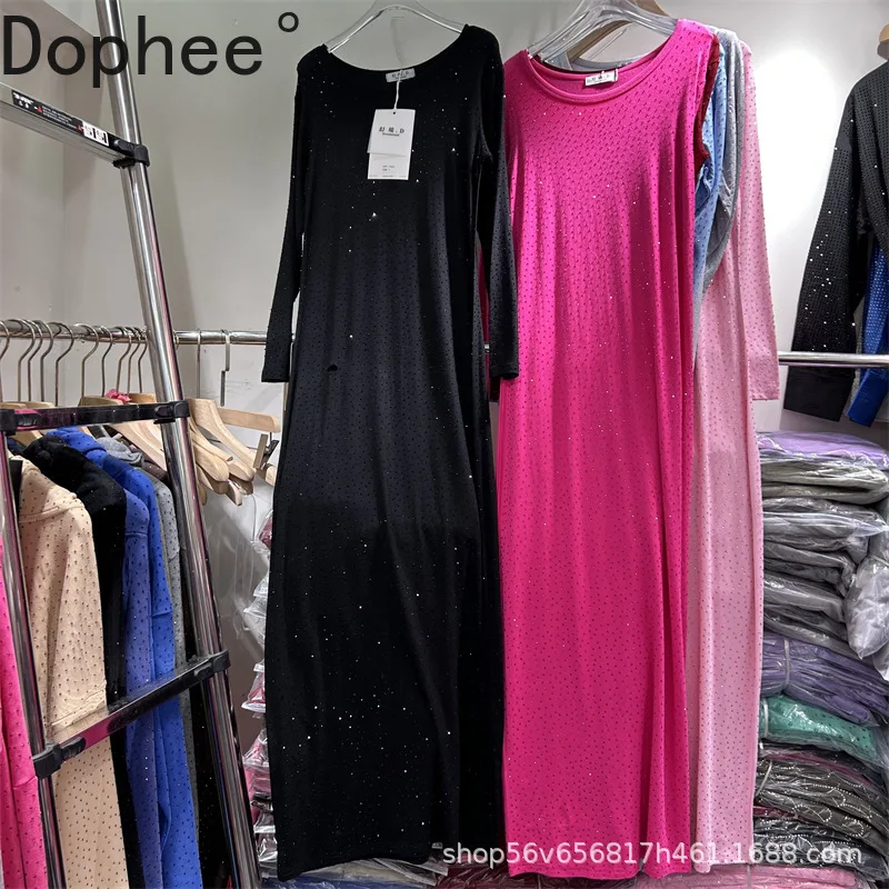 

Роскошные однотонные женские платья с длинными рукавами и бриллиантами, ультра длинное утягивающее платье с круглым вырезом, весна-осень