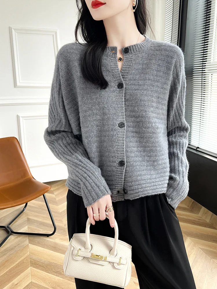 BirdTree, 100%Pure Wool Elegant Sweaters Jacket, Women Long Sleeve Buttons, Loose Commute Cardigan, 2024 Autumn Winter C48251QM