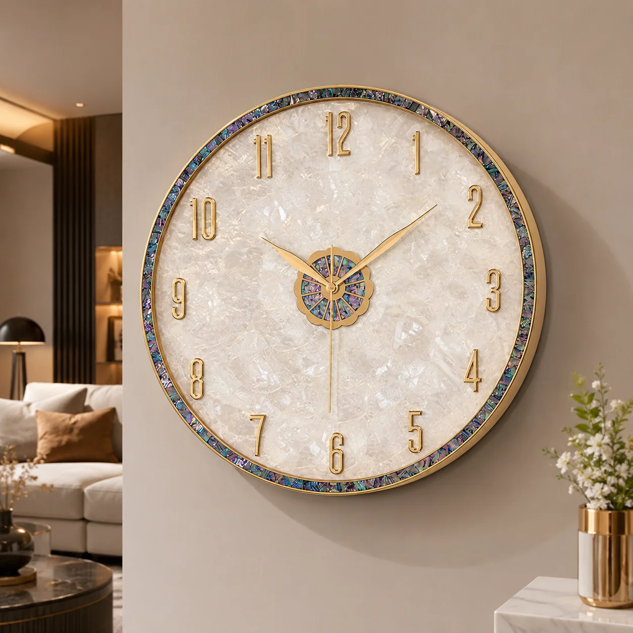 Luxury Brass Pearl Shell Inlay Wall Clock 36cm, Silent Quartz Decorative Wall Clock for Living Room Home Decor