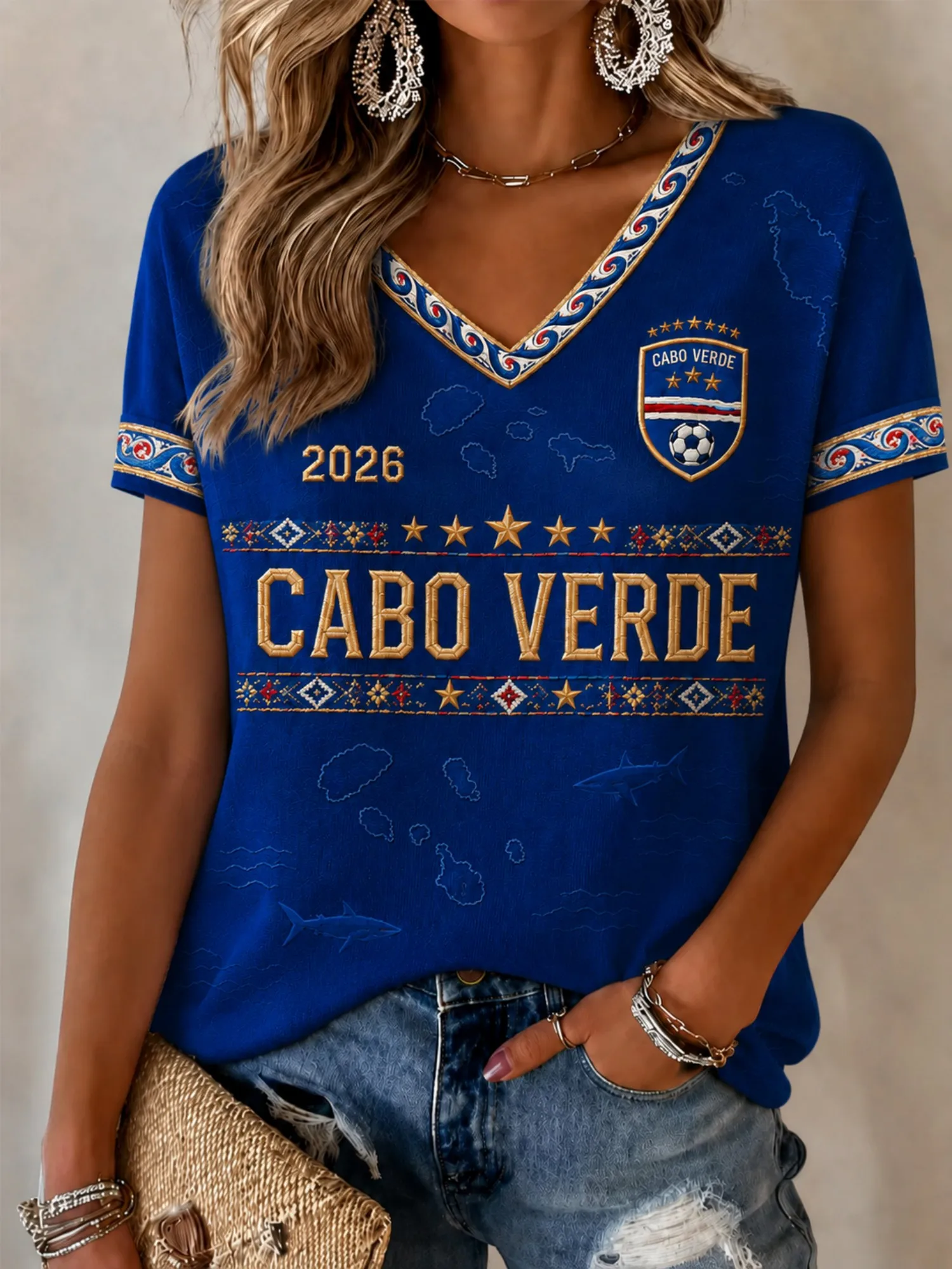Cabo Verde Womens V Neck Football Tee 2026 Geometric Stripe Graphic Short Sleeve Casual Summer Shirt Island Style Top For Travel