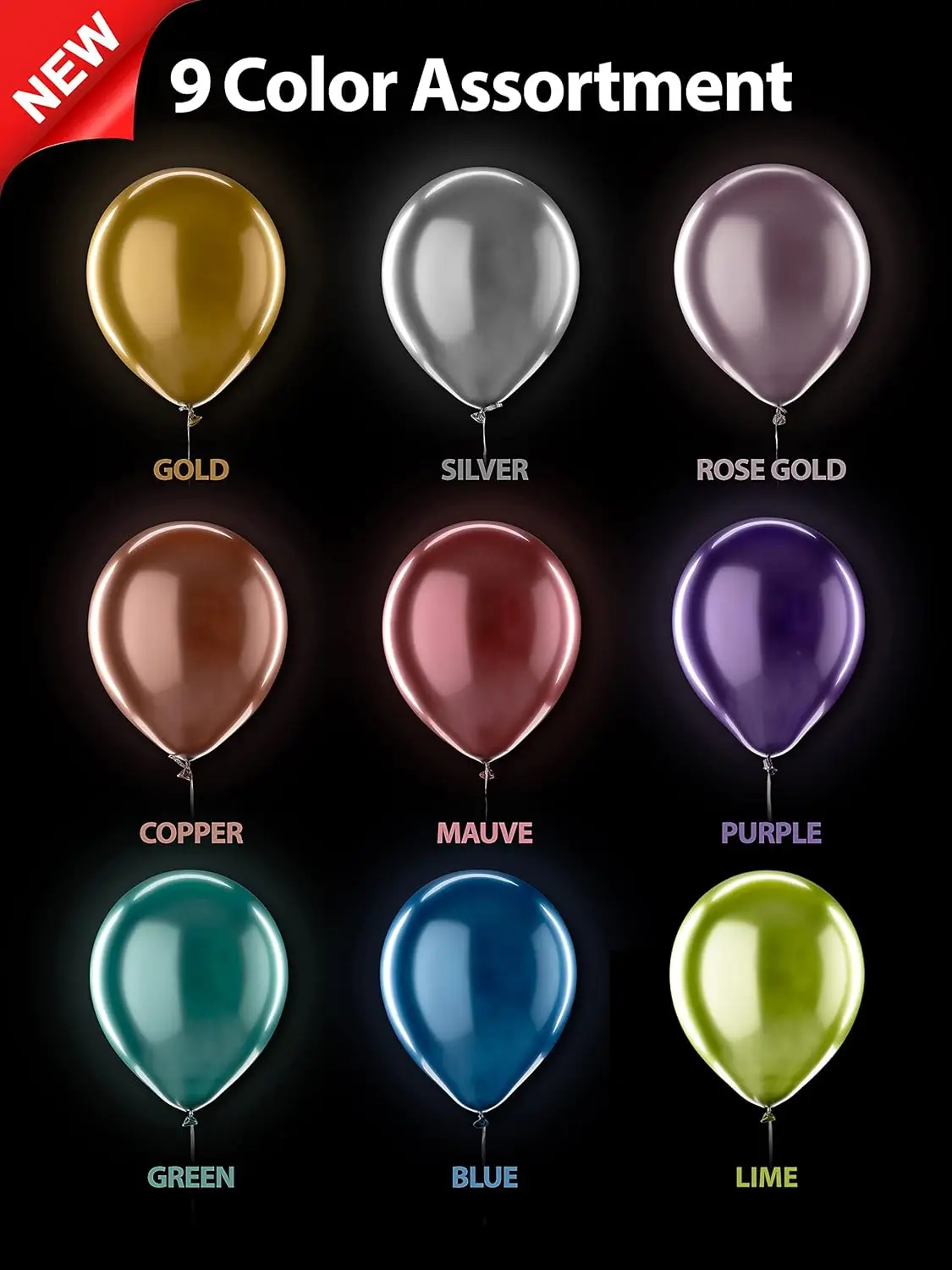 90 Metallic Balloons Assorted Color 12 inch 9 Kinds of Shiny Latex for Glamour Party Decorations and Many Other Occasions