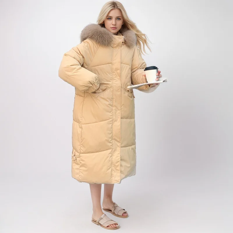 

Winter Women Clothing Warm Thick Long Parka Fur Collar Hooded Puffer Jacket Windproof Coat Oversized Cotton-padded Jacket Pocket