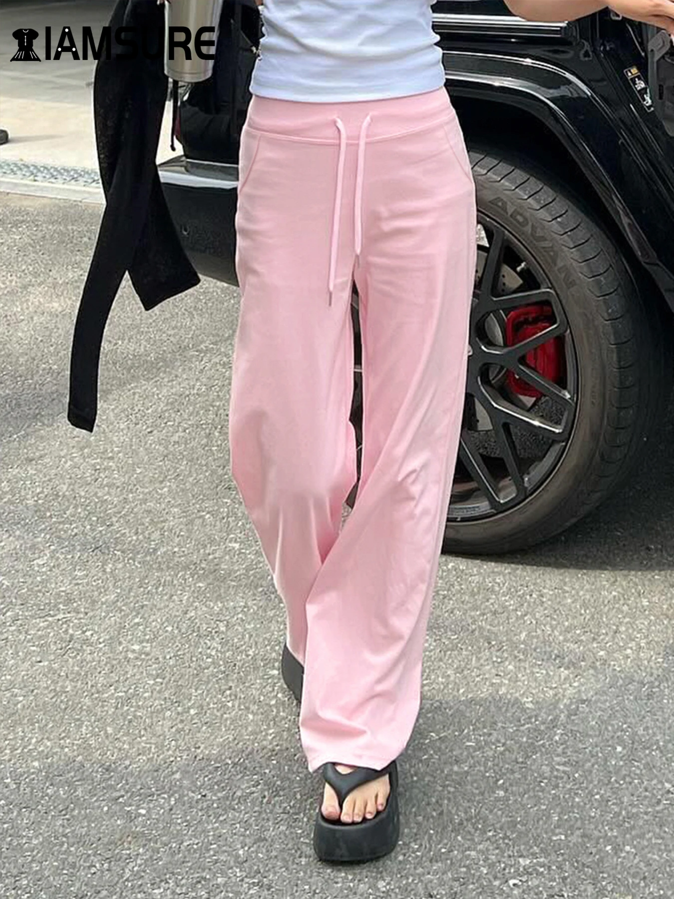 

IAMSURE Sporty Chic Casual Solid Bandage Track Pants Basic Slim Mid-Waisted Straight Pants Women 2024 Autumn Winter Streetwear