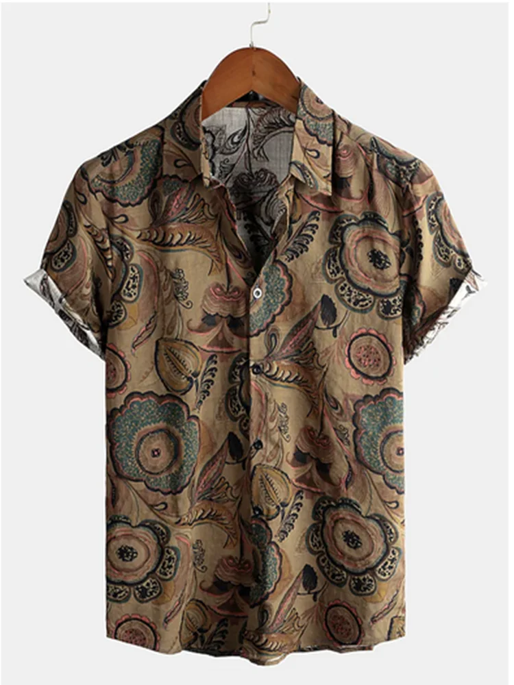 2023 Polyester Sale Men's Short-Sleeved Shirts Summer Vintage  Brown Print Turn-down collar Casual Beach Style Asian Size