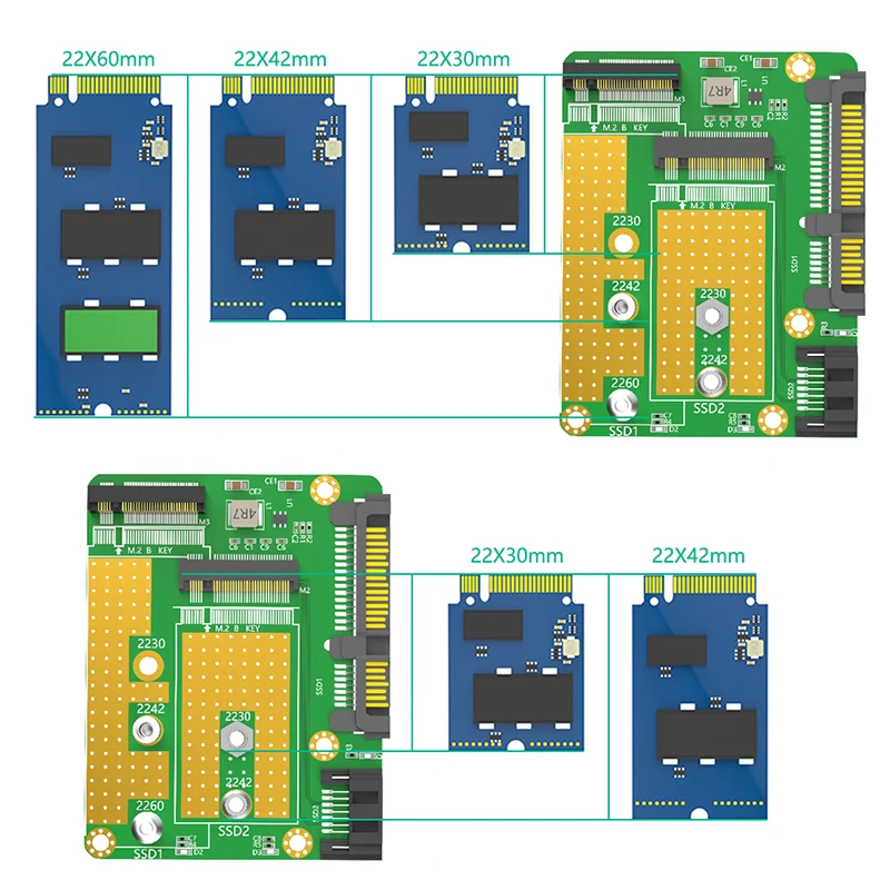 Двойной адаптер M.2 B Key на Dual SATA3.0, плата преобразователя, внешняя Плата расширения M2 SATA SSD, поддержка 2230 2242 2260 SSD M2 адаптер