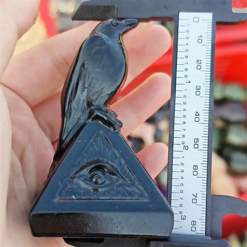 Natural Black Obsidian Crow Pyramid Carving Statue Healing Gemstone Crafts For Children Birthday Gift 1PCS