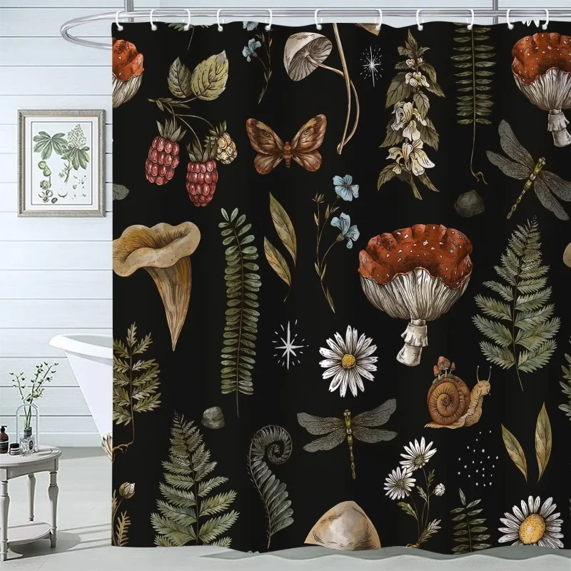 Vintage Mushroom Shower Curtains Nature Forest Woodland Butterfly Plants Flowers Animals Black Bathroom Curtain Decor with Hooks