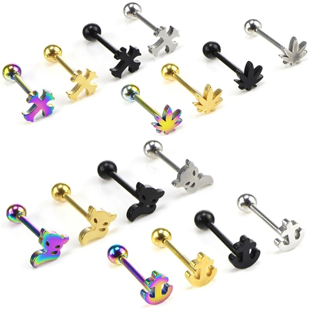 1-4pcs 14G Stainless Steel Tongue Rings Punk Straight Barbells Heart Star Maple Leaf Anchor Cross Tongue Piercing Jewelry Unisex