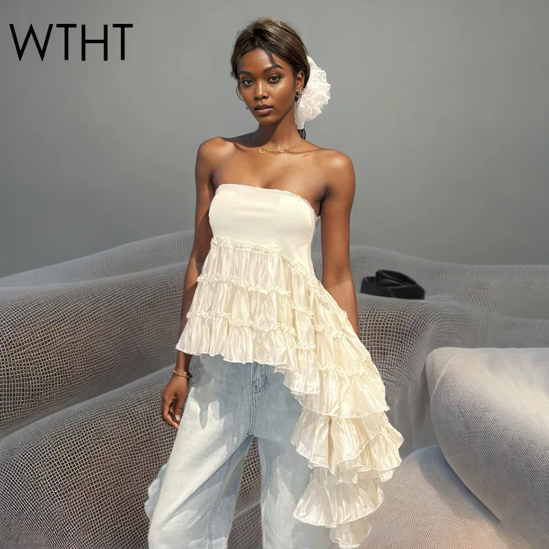 WTHT 2025 Summer New Trendy Women's Spliced Irregular Wrinkled Ribbon Strapless Tops Fashion Solid Color Camisole Female 1LS1293