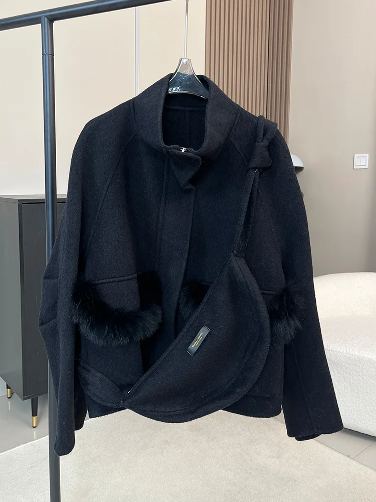 سترة شتوية نسائية من الصوف والكشمير لعام 2025 سترة دافئة من فرو الثعلب الطبيعي الحقيقي معطف نسائي سميك فاخر ملابس خارجية صوفية للسيدات