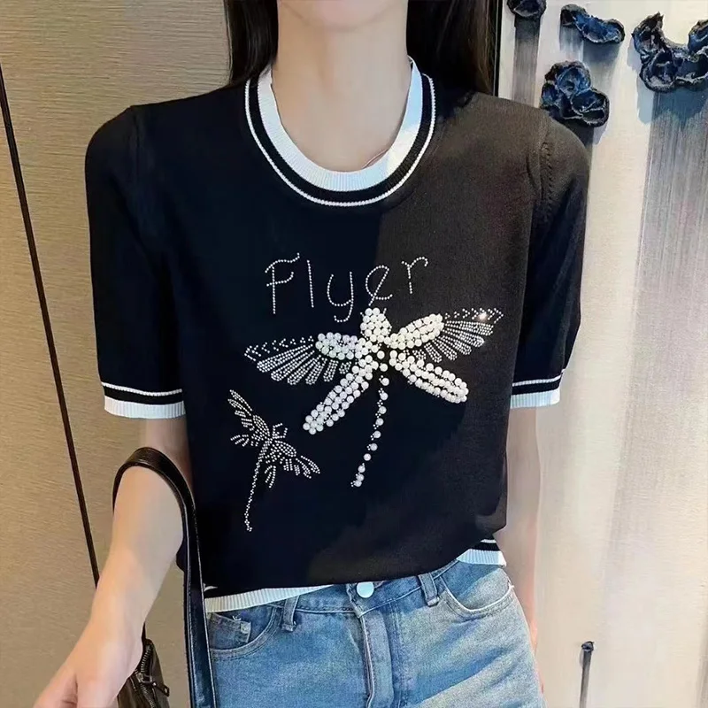 

Office Lady Fashion Cartoon Diamonds Knitted T-Shirt Summer Vintage Loose O-neck Elegant Short Sleeve Women Tops
