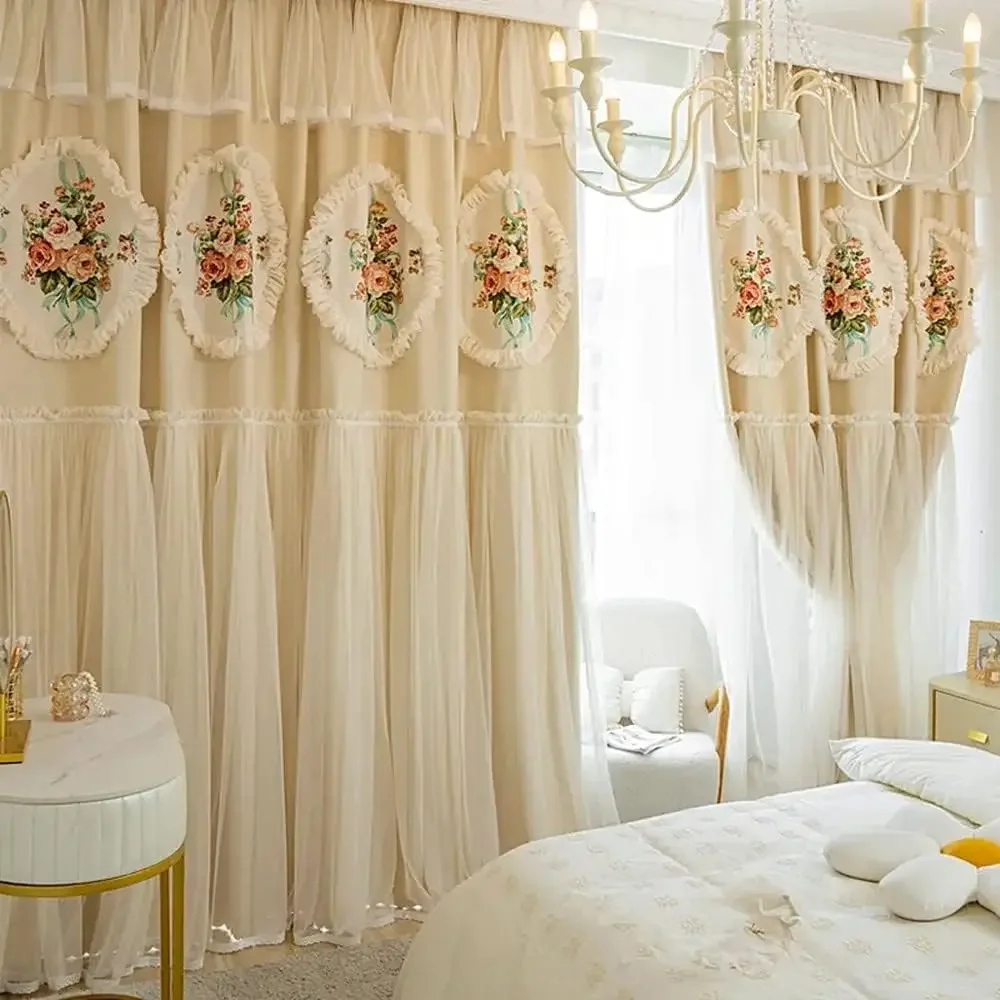 1 Panel 140cm Width Korean Style Double Layer Curtain with Valance Lace Curtain for Girls Princess Room Bedroom