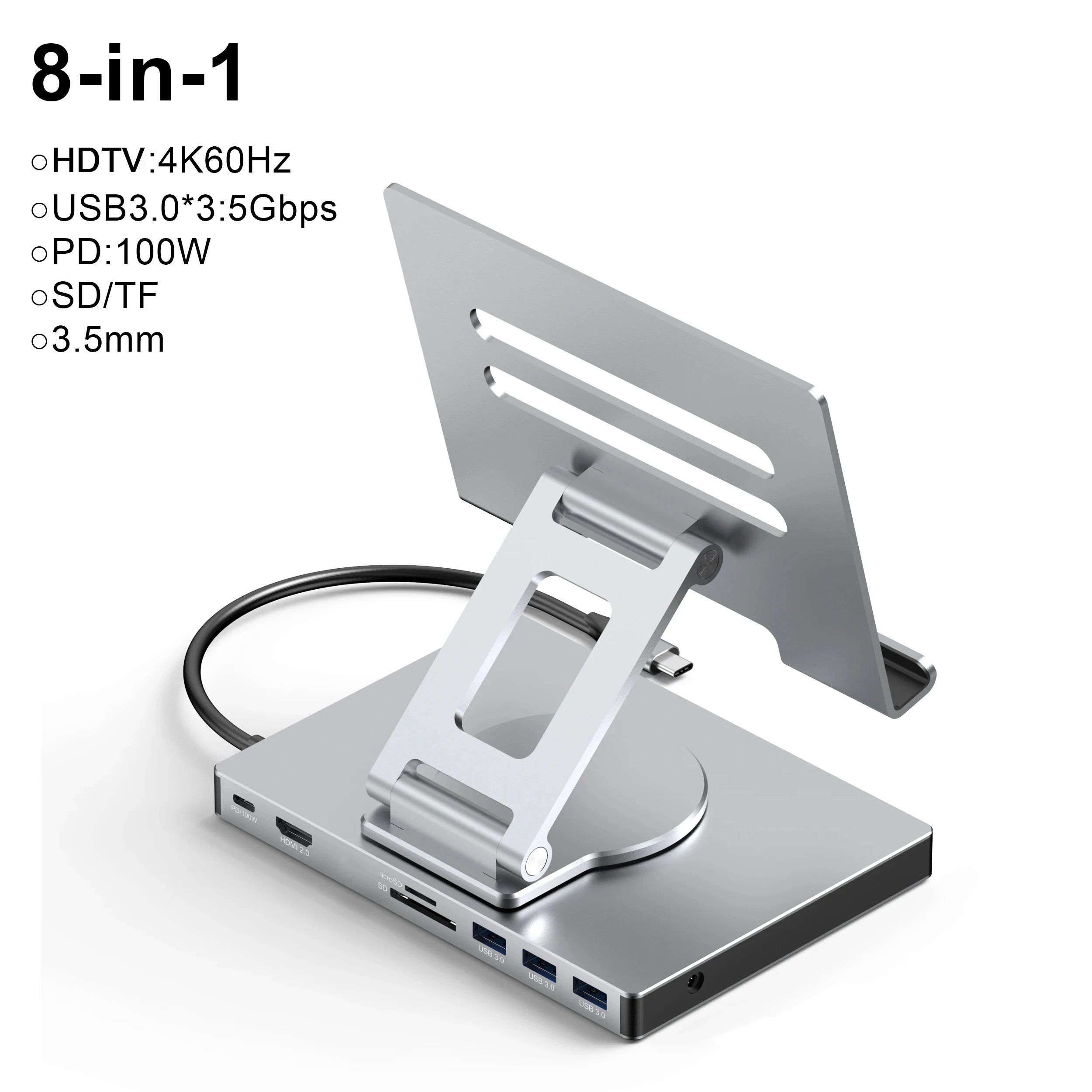 8 in 1 USB-C Docking Station with Tablet Holder 360° Rotating Foldable Desktop Stand 100W PD Charging 4K HDMI Dual Card Reader